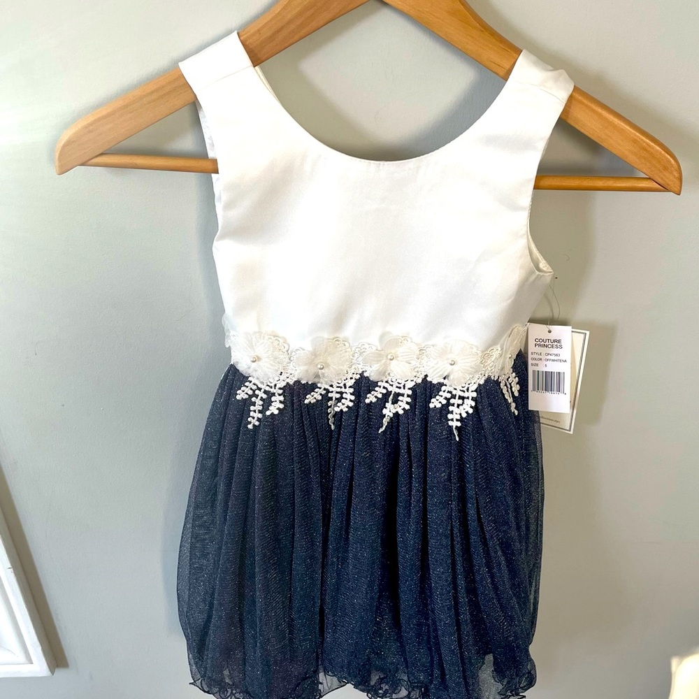 NWT Couture Princess White Satin and Blue Sparkle Formal Party Dress Sz: Girls 5